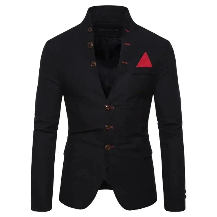 Showlu men's slim fit casual cotton blazer with stand collar, multi-button decoration, solid color, suitable for dress or party wear.