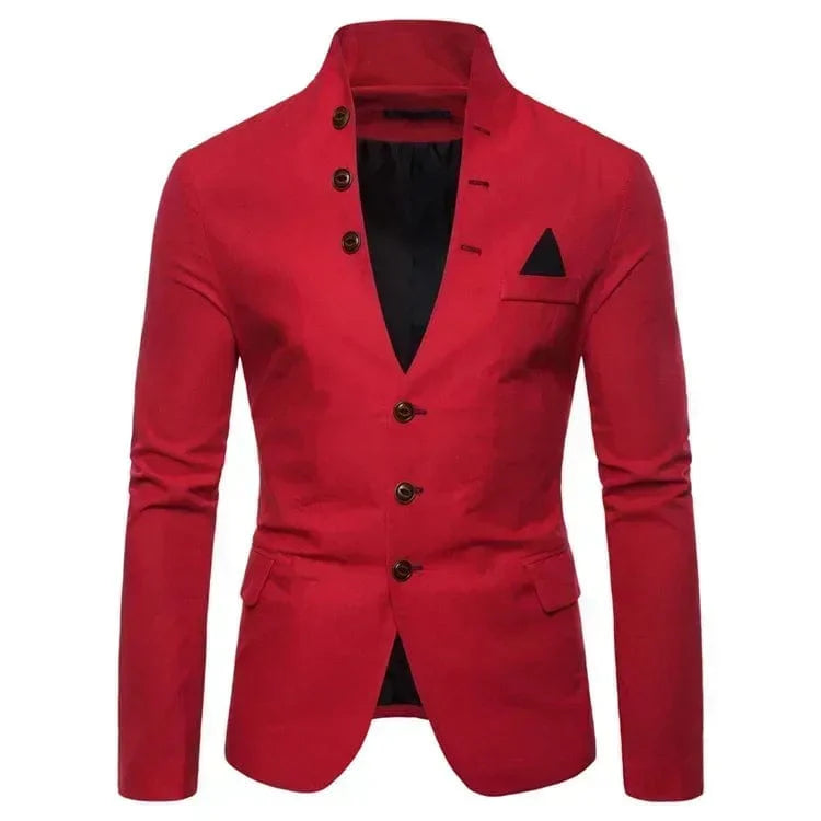 Men's slim fit Showlu Fashion blazer with stand collar, multi-button decoration, casual cotton suit jacket, solid color for dress or party.