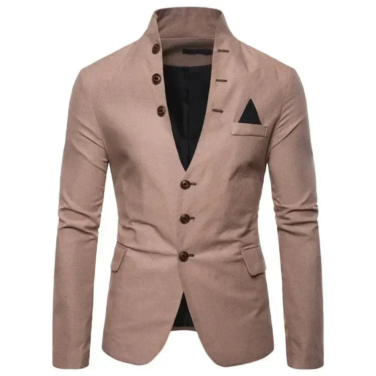 Men's slim fit Showlu fashion blazer with stand collar, multi-button decoration, casual cotton fabric, solid color suit jacket.