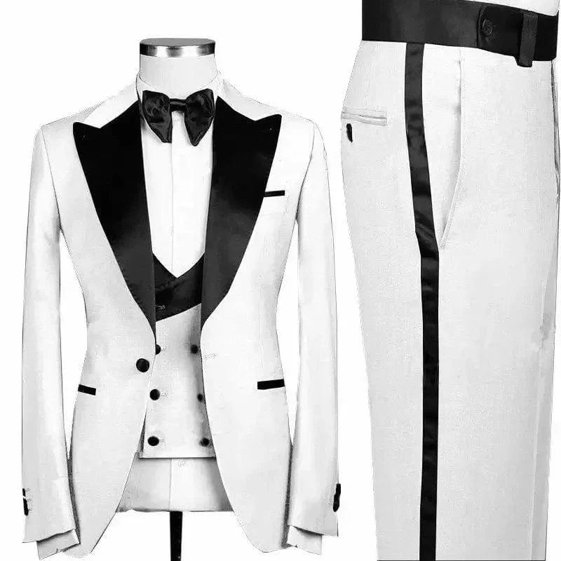 Green men's slim fit 3-piece wedding suit with peaked lapel, jacket, trousers, and vest for prom or groom attire.