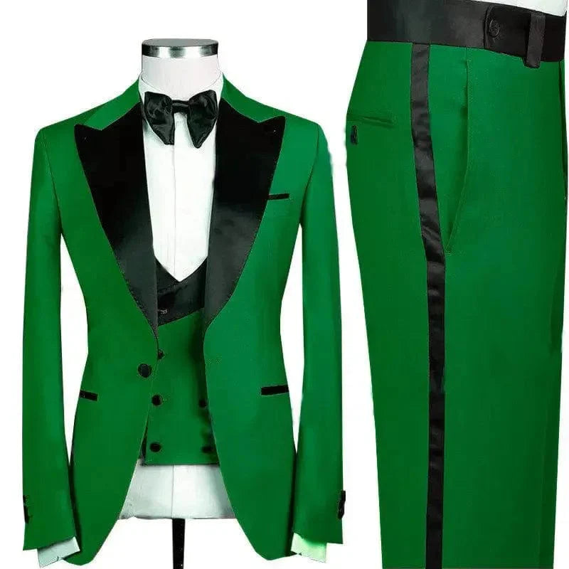 Men's green slim fit 3-piece wedding suit with peaked lapel, blazer, trousers, and vest, suitable for prom and formal occasions.