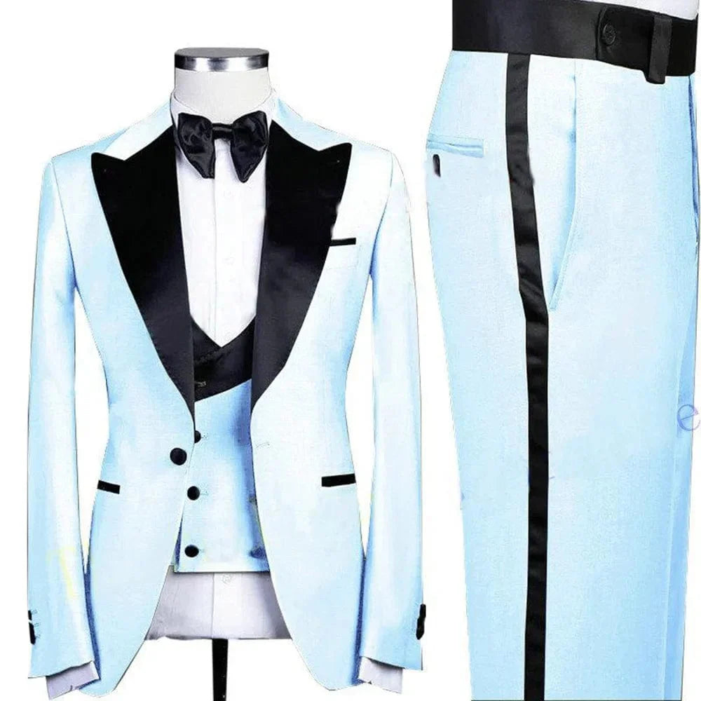 Green men's slim fit 3-piece wedding suit with peaked lapel, jacket, trousers, and vest, ideal for prom or groom's wedding.