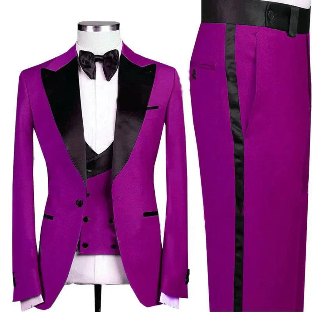 Green men's slim fit 3-piece wedding suit with peaked lapel, jacket, trousers, and vest, ideal for groom or formal events.