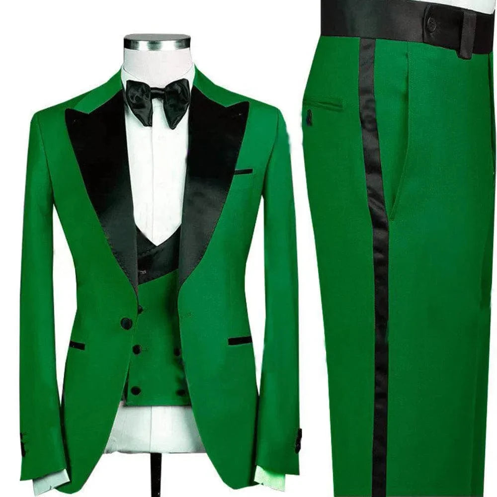 Men's green slim fit 3-piece wedding suit with peaked lapel, jacket, trousers, and vest, ideal for prom or groom attire, by SHOWLU FASHION.