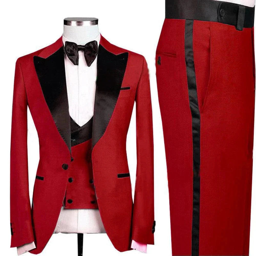 Men's green slim fit 3-piece wedding suit with peaked lapel, jacket, trousers, and vest, ideal for prom or groom attire.