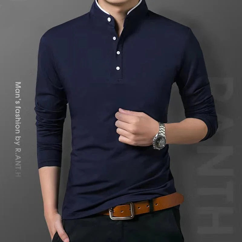 Men's long sleeve polo shirt by Showlu Fashion, solid business casual top, breathable and comfortable for summer wear.