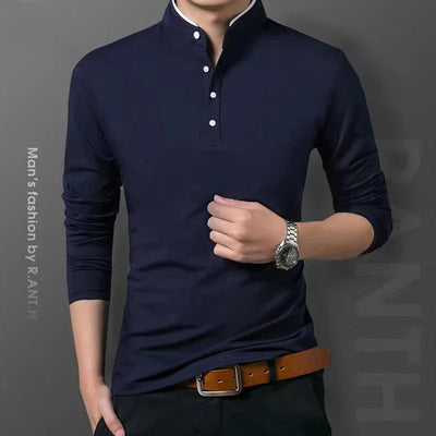 Showlu Fashion Men's Long Sleeve Polo Shirt – Solid Business Casual Top