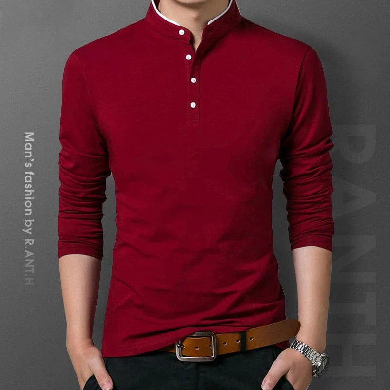 Men's long sleeve polo shirt by Showlu Fashion, solid color, business casual top, comfortable and breathable for summer wear.