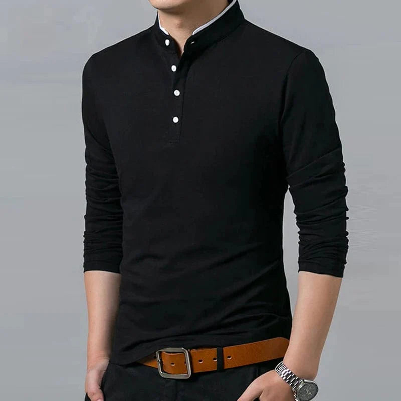 Men's long sleeve polo shirt by Showlu Fashion, solid color, business casual style, breathable and comfortable for summer wear.