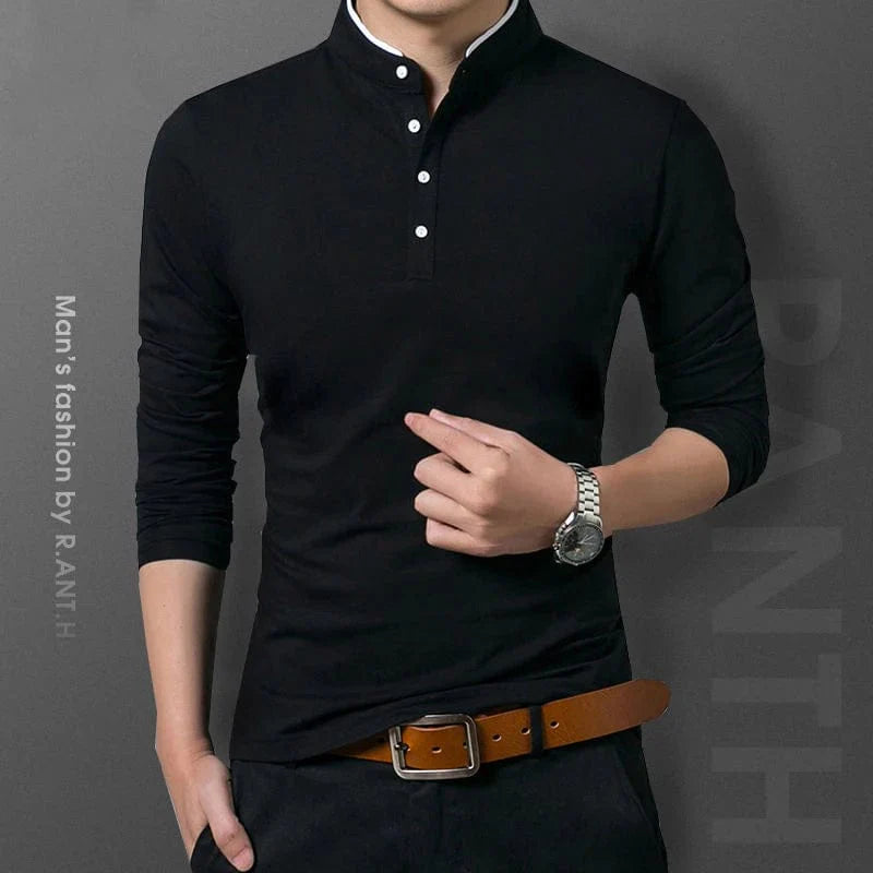 Men's long sleeve polo shirt by Showlu Fashion, solid color, business casual style, breathable summer top.