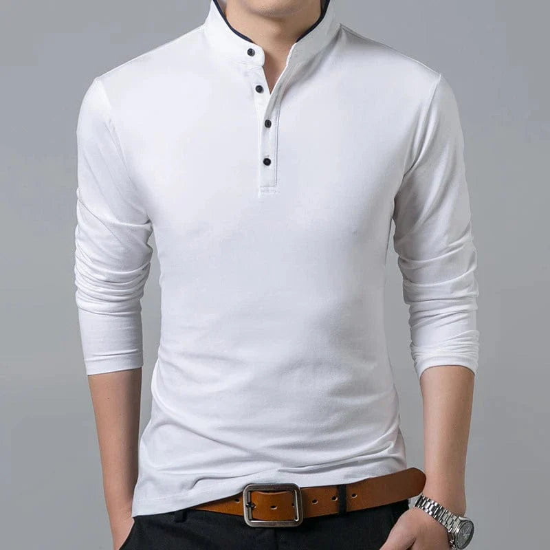Men's long sleeve polo shirt by Showlu Fashion, solid color business casual top, breathable and comfortable for summer wear.