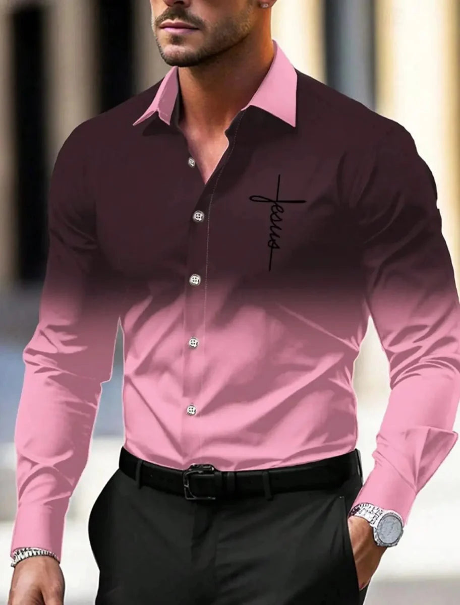 Men's SHOWLU floral printed long sleeve business casual button-up shirt, blue with cuffed sleeves for fall and spring wear.