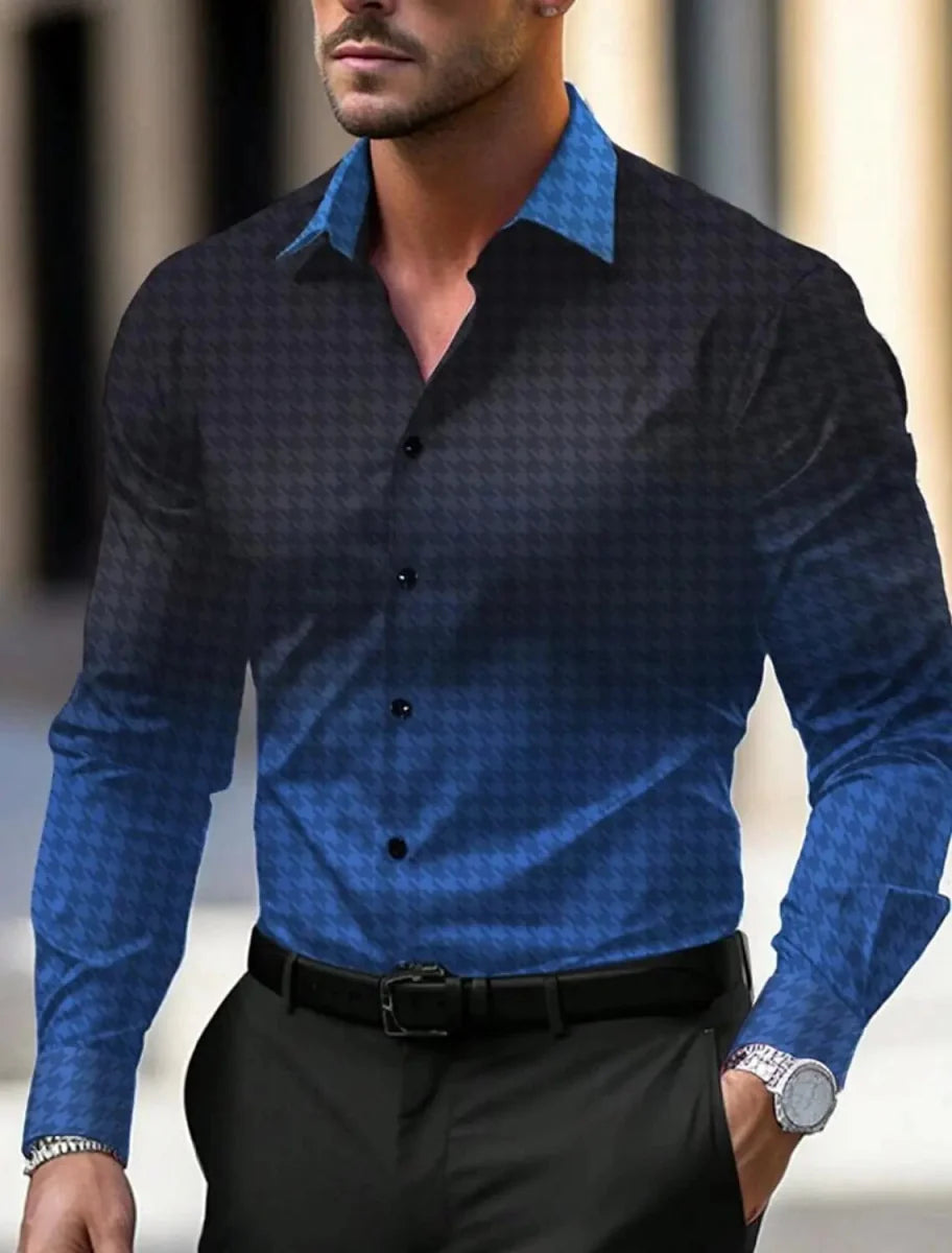 SHOWLU Men's floral printed long sleeve business casual button-up shirt in blue, suitable for fall, winter, spring, and summer.