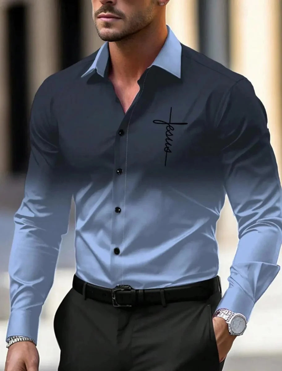 SHOWLU men's floral printed long sleeve business casual button-up shirt in blue, suitable for fall, winter, spring, and summer.