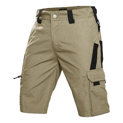 Men's SHOWLU tactical cargo shorts in waterproof camo ripstop fabric, featuring multiple pockets for outdoor hiking and outdoor activities.