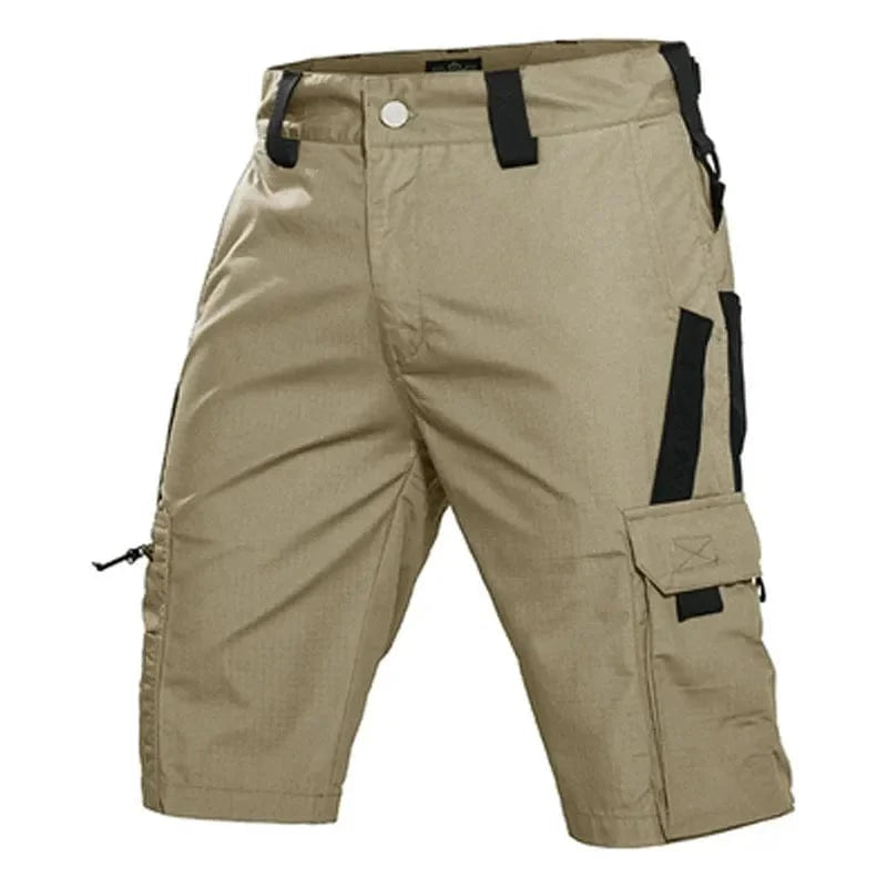 Men's SHOWLU tactical cargo shorts in waterproof camo ripstop fabric with multiple pockets for outdoor hiking and outdoor activities.