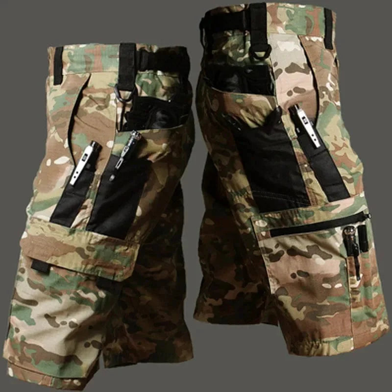 SHOWLU men's tactical cargo shorts in waterproof camo ripstop fabric with multiple pockets for outdoor hiking and rugged activities.