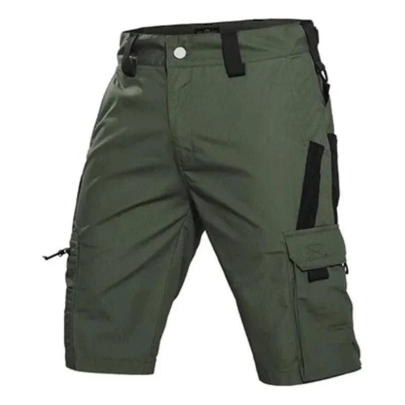 SHOWLU Men's Tactical Cargo Shorts in camo ripstop fabric with multiple pockets, waterproof outdoor hiking pants.