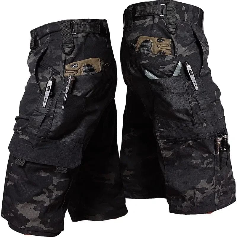 Men's tactical cargo shorts by SHOWLU, waterproof camo ripstop hiking pants with multiple pockets and outdoor-ready design.