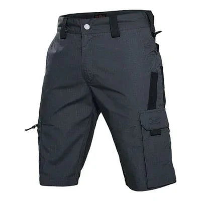 Men's tactical cargo shorts in waterproof camo ripstop fabric with multiple pockets, ideal for outdoor hiking and outdoor activities.