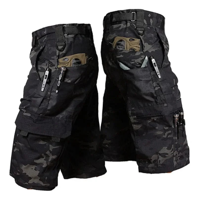 SHOWLU Men's tactical cargo shorts in camo ripstop, waterproof hiking pants with multi-pocket design for outdoor activities.