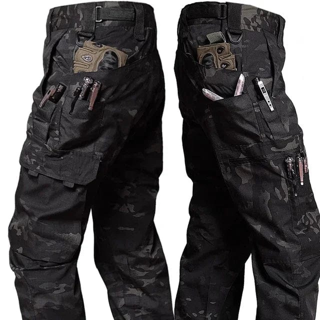 SHOWLU Men's tactical cargo shorts in waterproof camo ripstop fabric with multiple pockets, ideal for hiking and outdoor activities.