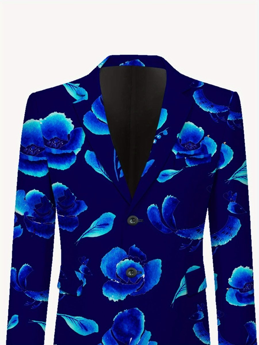 Men's blue floral print casual suit by SHOWLU FASHION STORE, includes blazer with lapel collar and slim fit design.