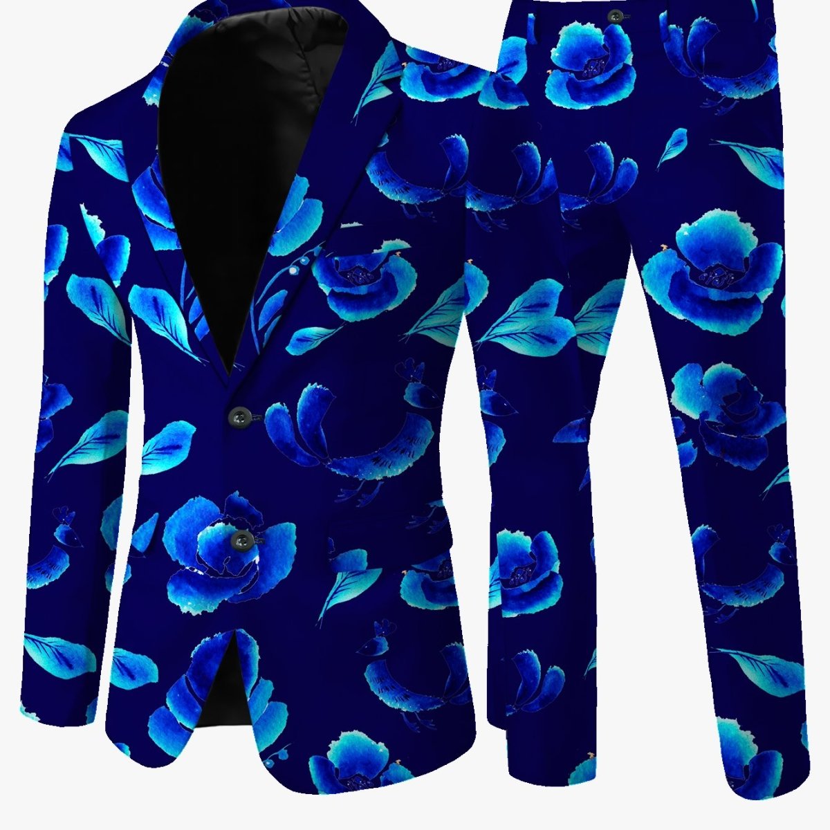 Men's blue floral print casual suit by SHOWLU FASHION STORE, with blazer featuring long sleeves, lapel collar, and slim fit design.