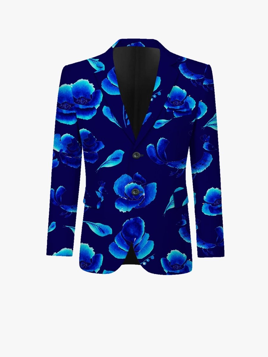 Men's blue floral print casual suit by SHOWLU, includes blazer with lapel collar, long sleeves, and skinny fit for all-season wear.