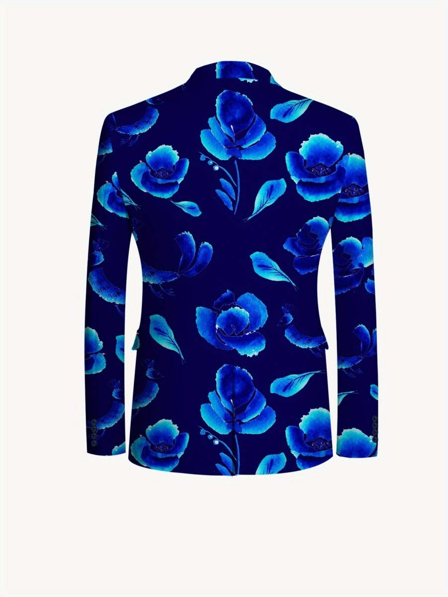 Men's blue floral print casual suit by SHOWLU FASHION STORE, includes blazer with long sleeves, lapel collar, and pocket details.