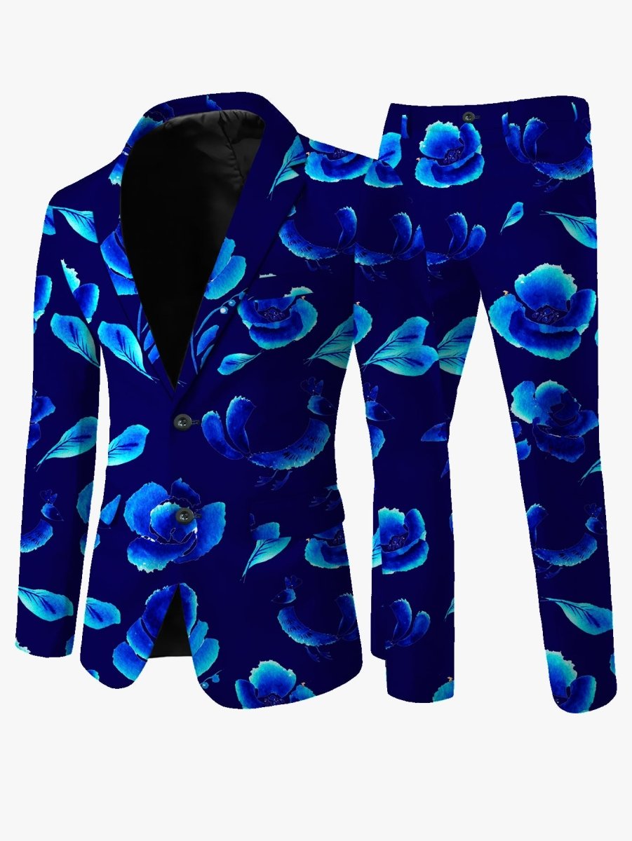 Men's blue floral print casual suit by SHOWLU FASHION STORE, skinny fit, long sleeves, lapel collar, blazer, polyester blend.
