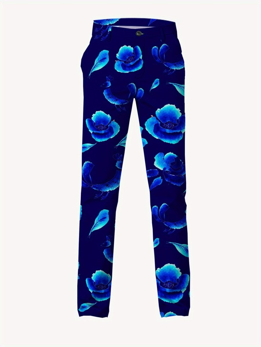 Men's blue floral print casual suit by SHOWLU, includes blazer and trousers, skinny fit, long sleeves, lapel collar, all-season wear