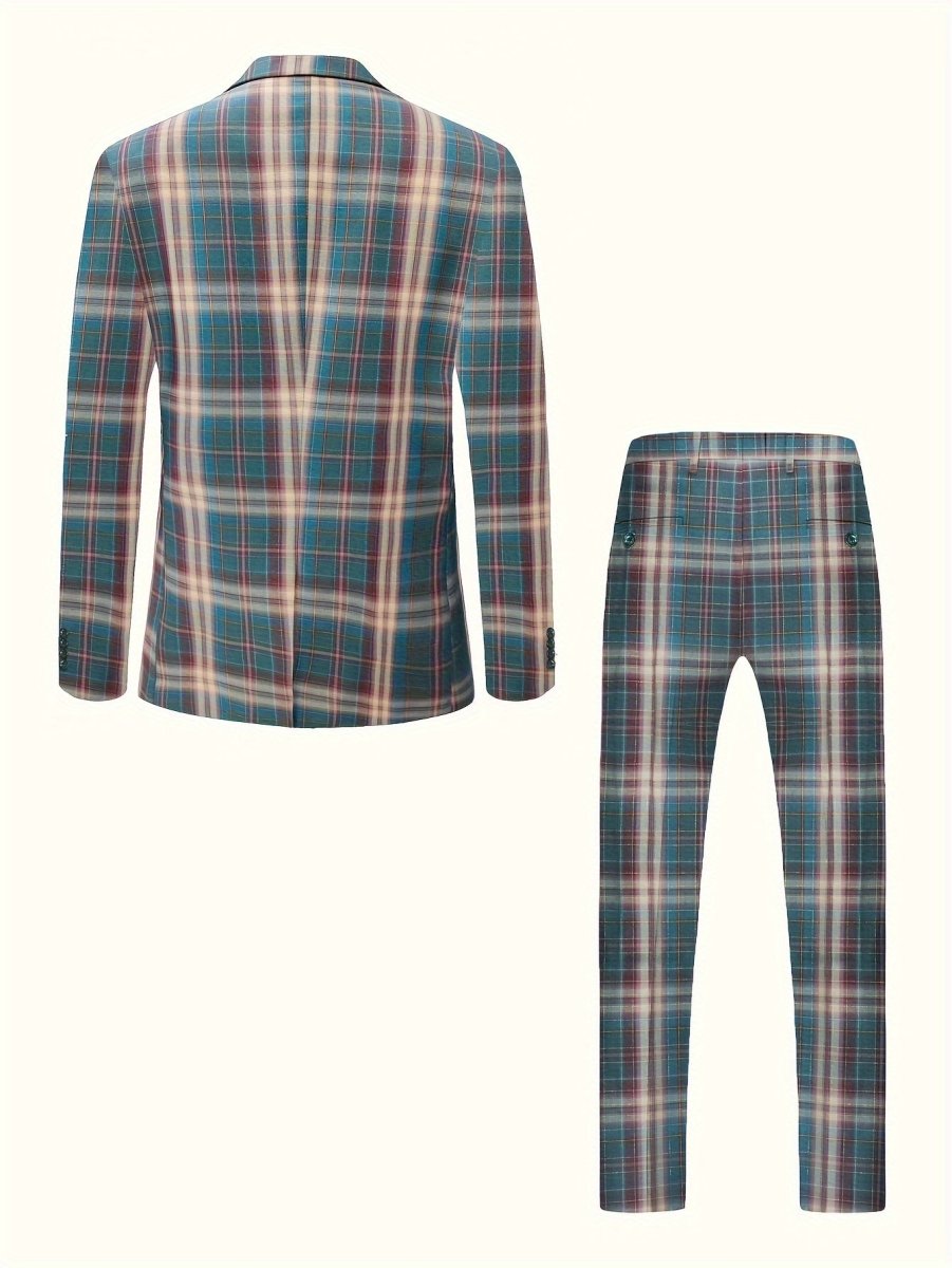 SHOWLU FASHION men's plaid 2-piece suit set with peak lapel, regular fit, polyester fabric, featuring pocket details for casual or party wear.