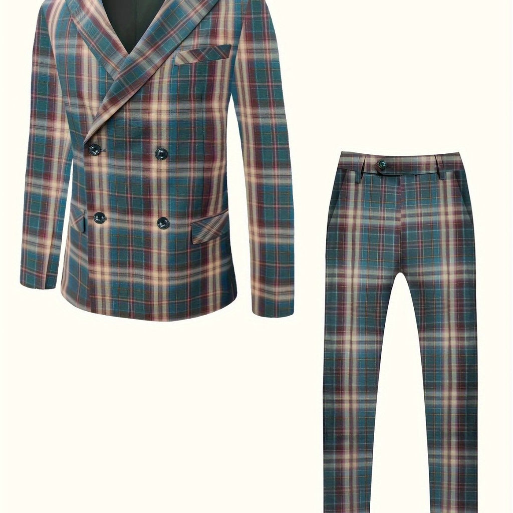SHOWLU FASHION men's plaid 2-piece suit set with peak lapel, regular fit, polyester fabric, including jacket and trousers.