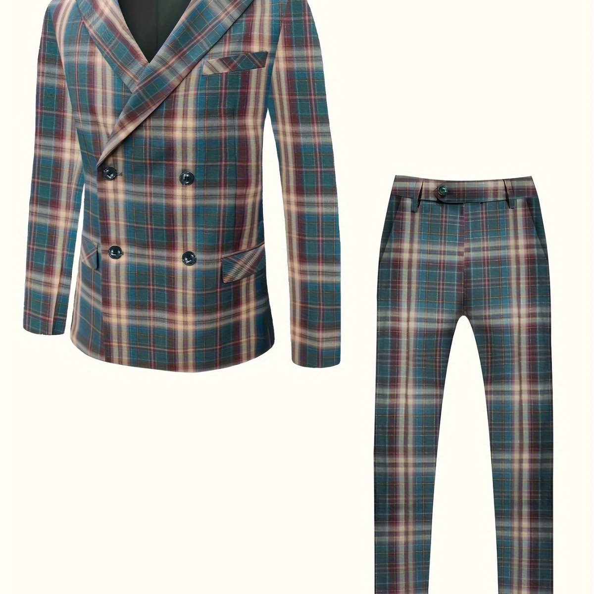 SHOWLU FASHION men's plaid 2-piece suit set with peak lapel, regular fit, polyester fabric, including jacket and trousers.