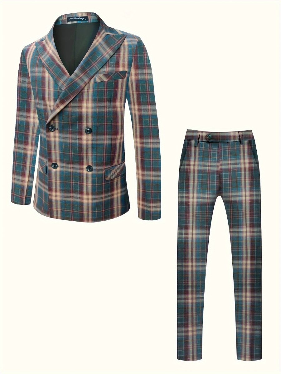 SHOWLU FASHION men's plaid 2-piece suit set with peak lapel, regular fit, polyester fabric, pocket details, ideal for casual or party wear