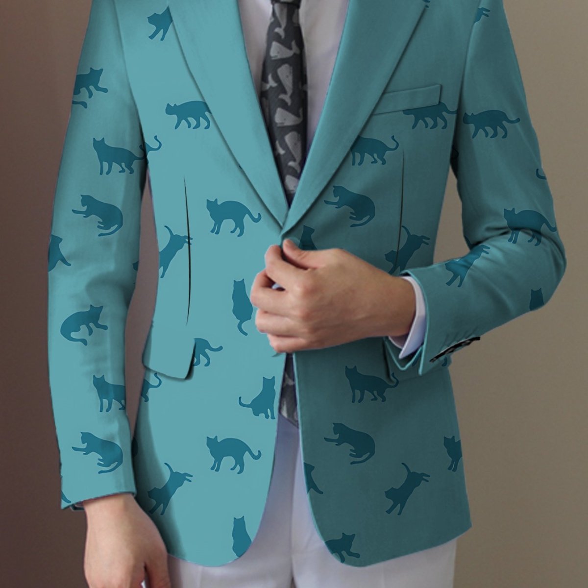 SHOWLU Men's light beige polyester blazer with stylish black cat silhouette print, casual button-up jacket for all seasons.