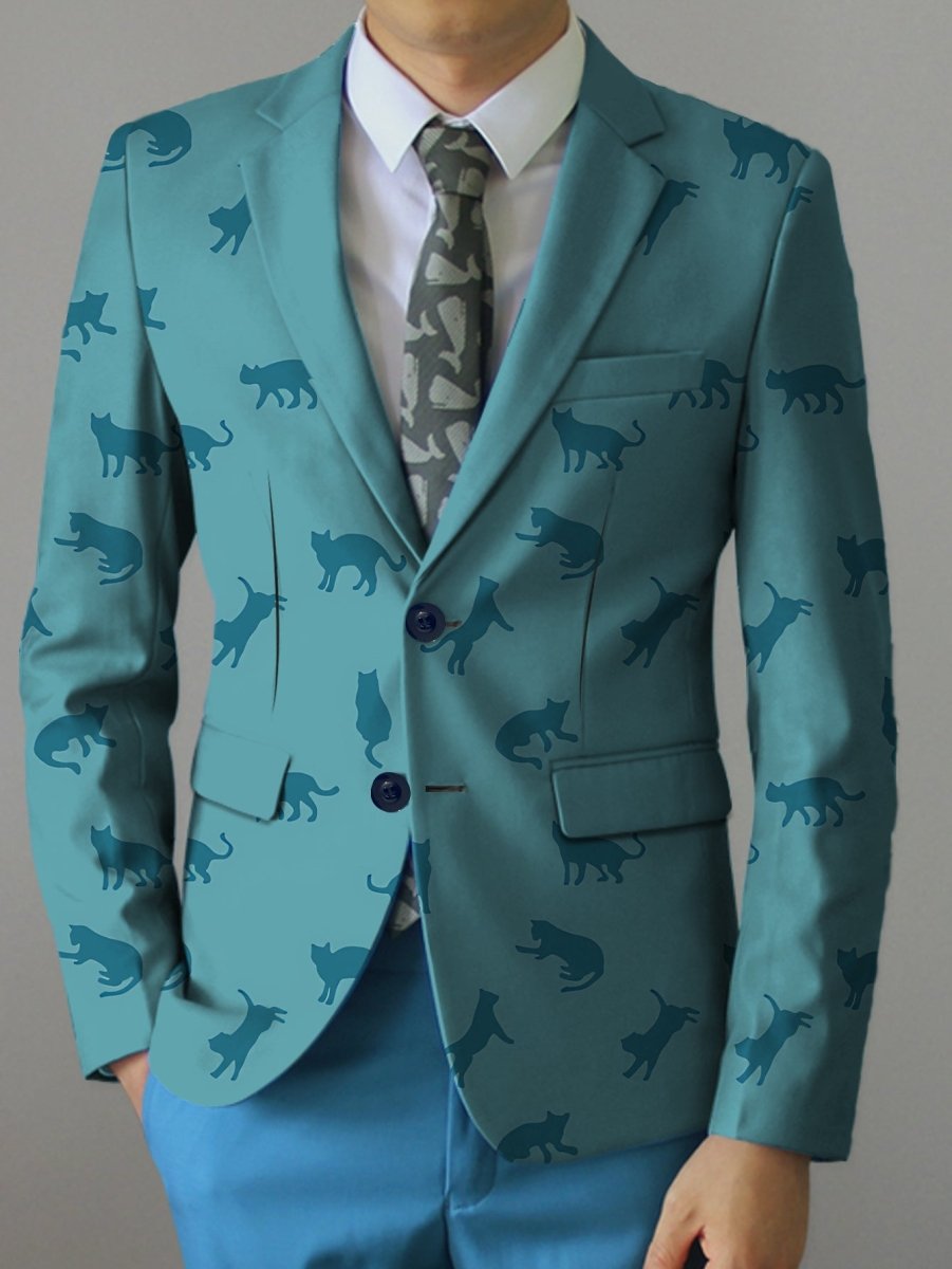 SHOWLU Men's cat print blazer in light beige polyester, stylish black cat silhouette, button-up casual jacket for all seasons