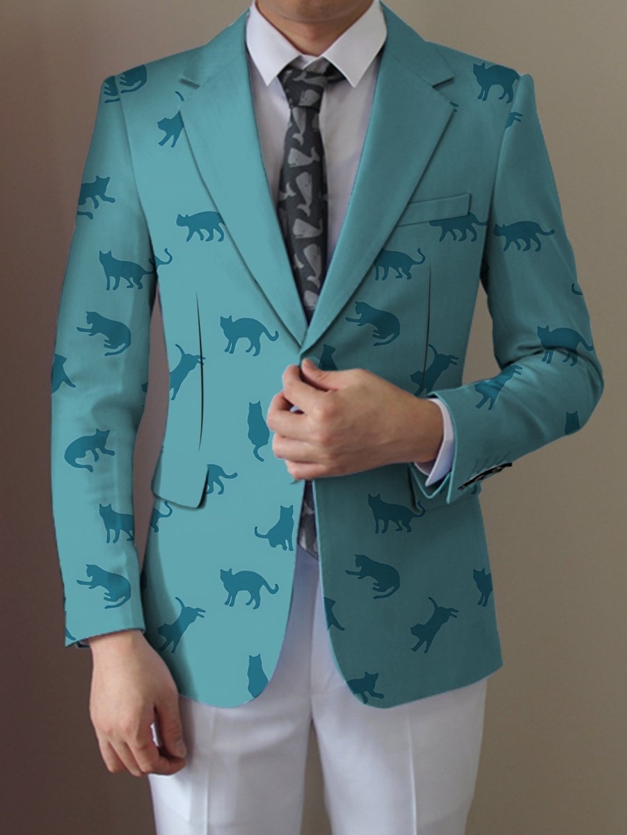 SHOWLU Men's light beige polyester blazer with stylish black cat silhouette print, casual button-up jacket for all seasons.