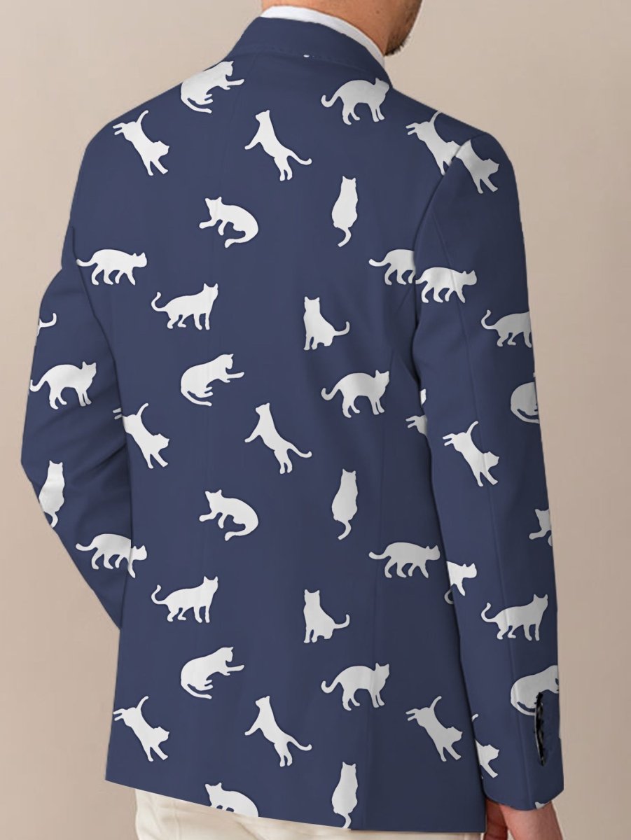 SHOWLU Men's cat print blazer in light beige polyester with black cat silhouette design, casual button-up jacket for all seasons.