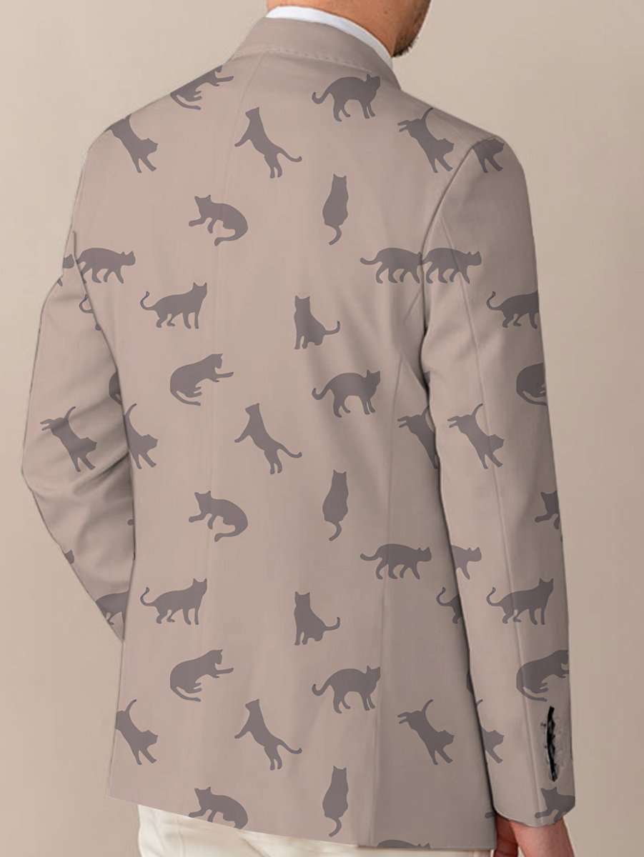 Men's SHOWLU cat print blazer in light beige polyester, featuring black cat silhouette design and button-up front.