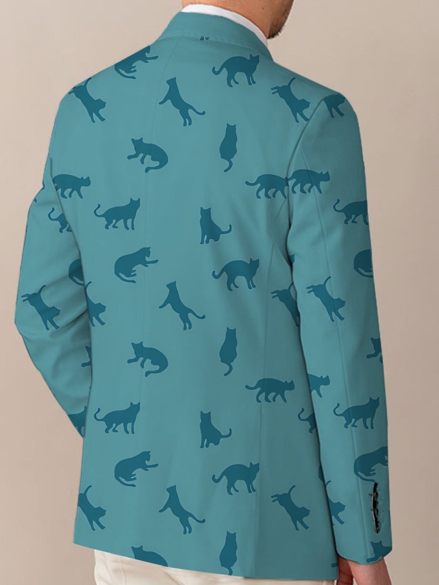 Men's light beige polyester blazer with black cat silhouette print, stylish button-up casual jacket by SHOWLU FASHION STORE