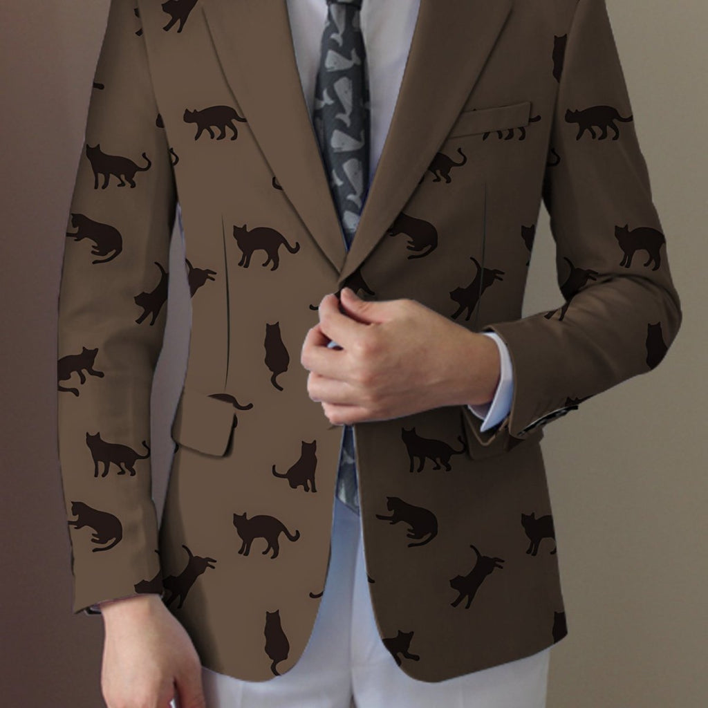 Men's SHOWLU cat print blazer in light beige polyester, casual jacket with black cat silhouette, button-up front, stylish and versatile.