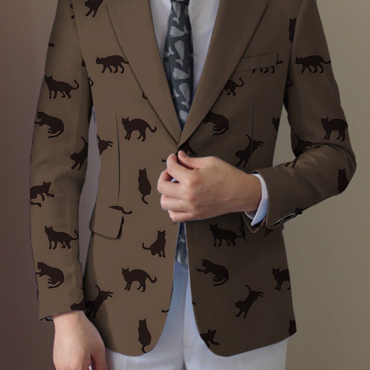 Men's SHOWLU cat print blazer in light beige polyester, casual jacket with black cat silhouette, button-up front, stylish and versatile.