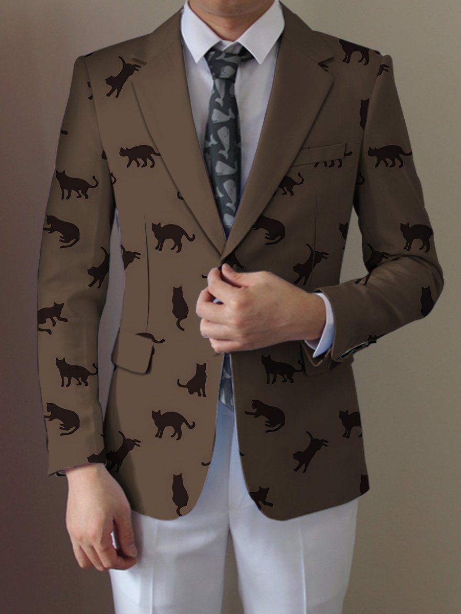 Men's light beige cat print blazer by SHOWLU FASHION STORE, casual polyester jacket with black cat silhouette and button-up front.