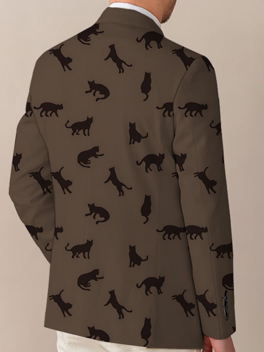 Men's light beige polyester blazer with black cat silhouette print, casual button-up jacket by SHOWLU FASHION STORE.