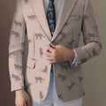 SHOWLU Men's cat print blazer in light beige polyester, stylish button-up casual jacket with black cat silhouette design.