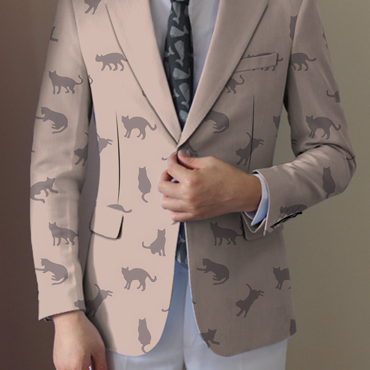 SHOWLU Men's cat print blazer in light beige polyester, stylish button-up casual jacket with black cat silhouette design.