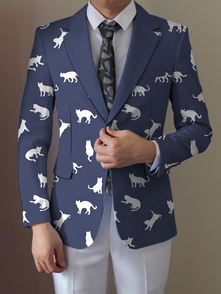 Men's SHOWLU cat print blazer in light beige polyester, casual style with black cat silhouette design, button-up front for all seasons.