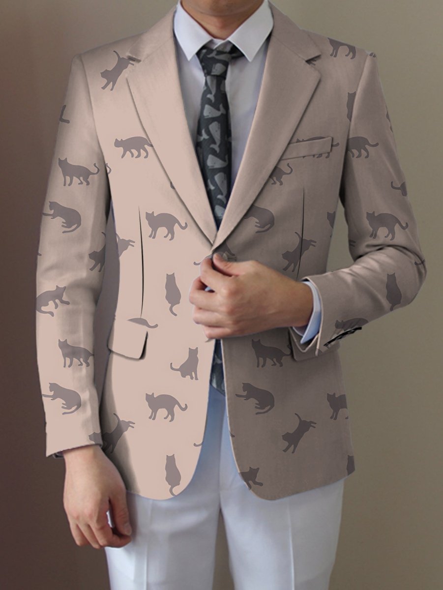 Light beige men's blazer with black cat silhouette print, polyester casual jacket by SHOWLU FASHION STORE, featuring button-up front.